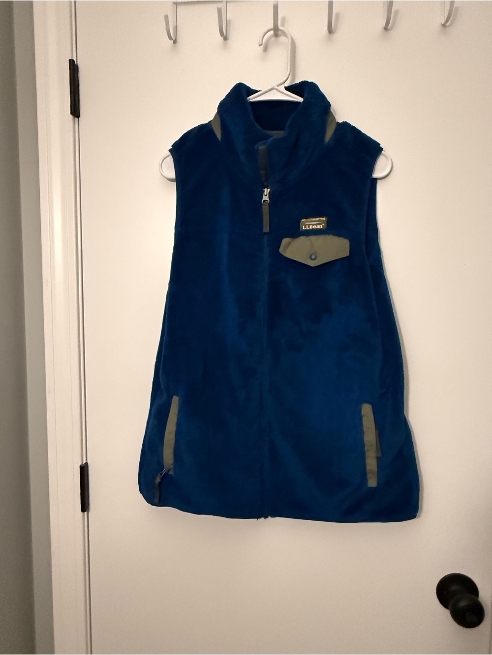 L.L. Bean Women’s Deep Blue Fleece Vest with Olive Trim